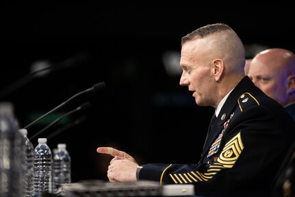 Army Command Sgt. Maj. John Troxell, the Senior Enlisted Advisor to the Chairman of the Joint Chiefs, and the service senior enlisted advisors brief the media in the Pentagon Press Briefing Room as part of the Defense Senior Enlisted Leader Council (DSELC) Symposium in Washington, D.C., July 24, 2019. The DSELC brings together Service Senior Enlisted Advisors, Combatant Command and select Sub-Unified Command Senior Enlisted Leaders to meet and address enlisted issues impacting the Joint Force.