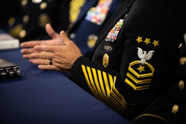 Master Chief Petty Officer of the Navy Russell L. Smith answers a question during a press brief in the Pentagon Press Briefing Room as part of the Defense Senior Enlisted Leader Council (DSELC) Symposium in Washington, D.C., July 24, 2019. The DSELC brings together Service Senior Enlisted Advisors, Combatant Command and select Sub-Unified Command Senior Enlisted Leaders to meet and address enlisted issues impacting the Joint Force.