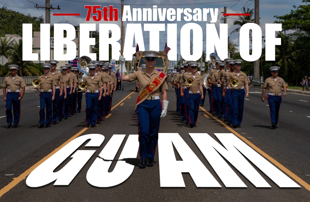 III Marine Expeditionary Force Band demonstrates its pride during the 75th Liberation Day Parade, July 21, 2019, in Guam. The III Marine Expeditionary Force and the 3rd Marine Division annually participate in the parade. (U.S. Marine Corps graphic by Lance Cpl. Kolby Leger)