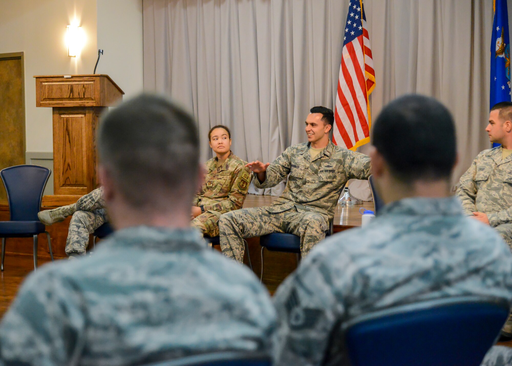 2nd Lt. Cody Bronkar, 412th Communications Squadron, participates in a discussion with a group of technical sergeants during a two-day professional development seminar at Edwards Air Force Base, Calif. July 18. (U.S. Air Force photo by Giancarlo Casem)