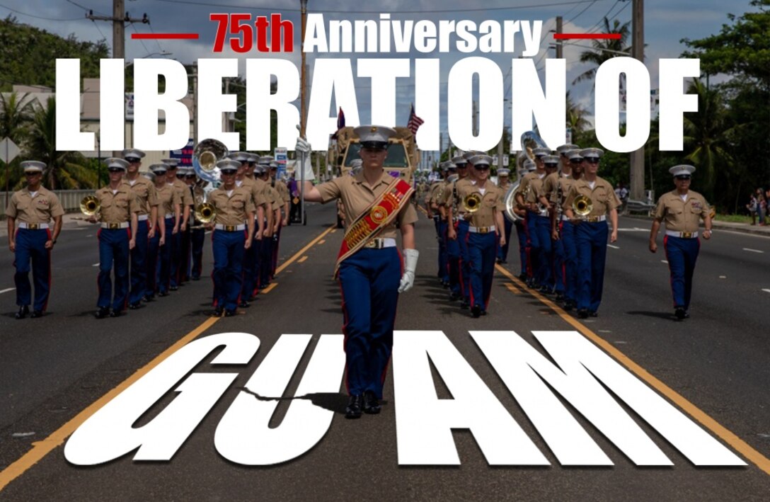 III Marine Expeditionary Force Band demonstrates its pride during the 75th Liberation Day Parade, July 21, 2019, in Guam. The III Marine Expeditionary Force and the 3rd Marine Division annually participate in the parade.