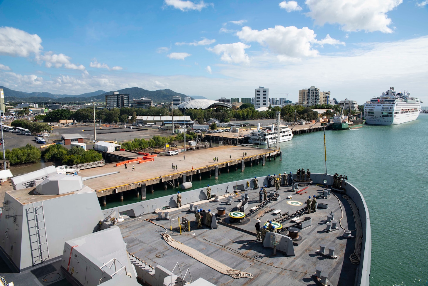 CAIRNS, Australia (July 26, 2019) The amphibious transport dock ship USS Green Bay (LPD 20) arrives in Cairns, Australia for a scheduled port visit. Green Bay, part of the Wasp Expeditionary Strike Group, with embarked 31st Marine Expeditionary Unit, participated in Talisman Sabre 2019 off the coast of Northern Australia. A bilateral, biennial event, Talisman Sabre is designed to improve U.S. and Australian combat training, readiness and interoperability through realistic, relevant training necessary to maintain regional security, peace and stability.