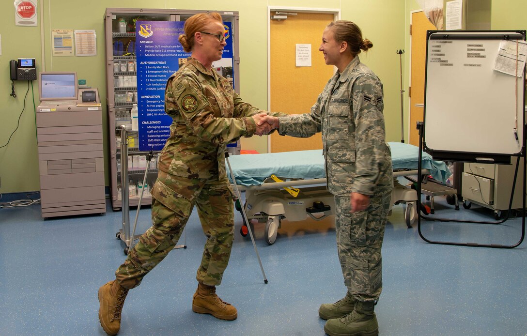 Airman First Class Kayla Vait was recognized for her outstanding job performance in Yokota AB, Japan’s Urgent Care Center by Chief Master Sgt Yvonne Shaw, July 23, 2019. Shaw visited the 374th Medical Group to get face-to-face time with the personnel and recognize outstanding performers.