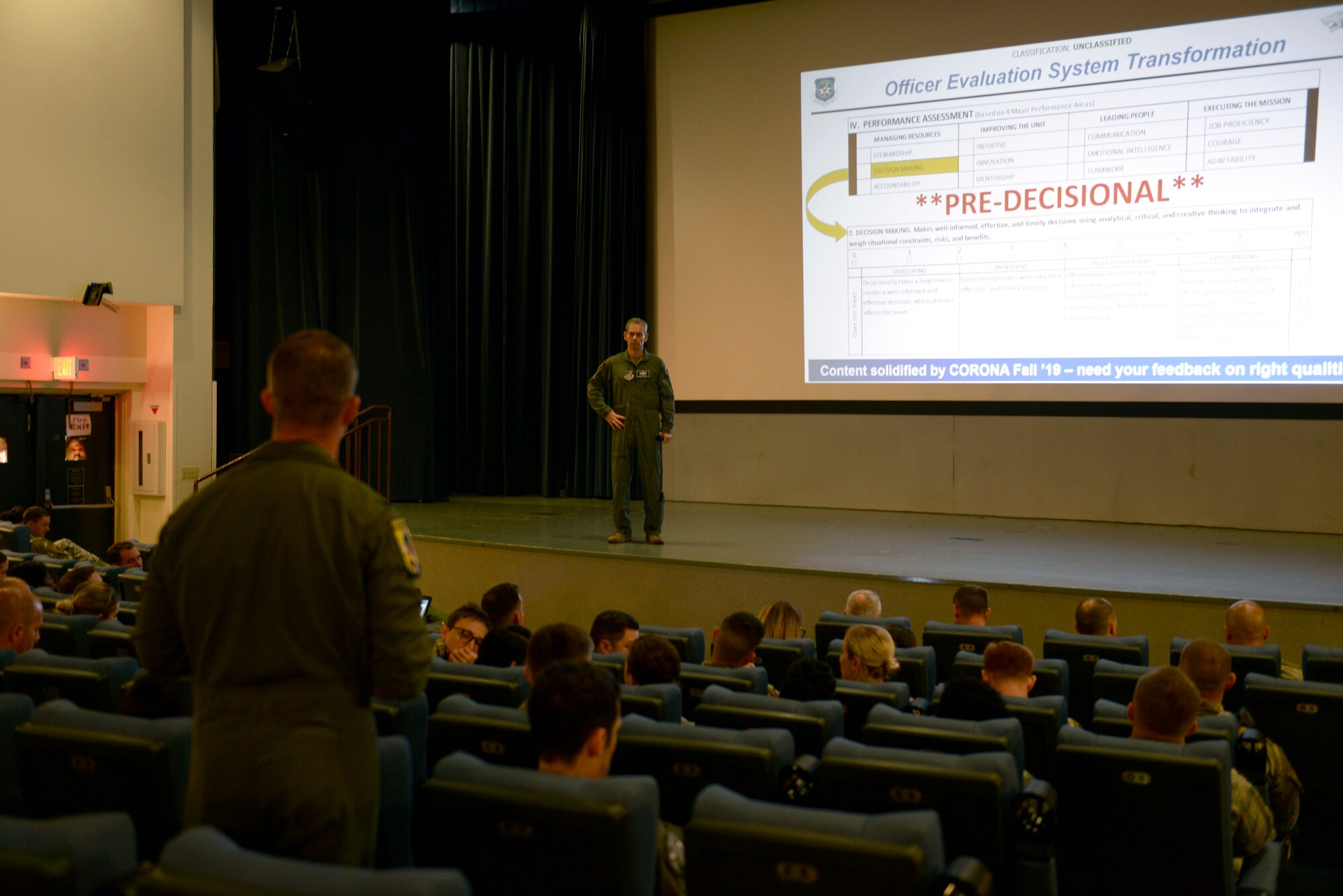 U.S. Air Force Lt. Gen. Kenneth S. Wilsbach, 7th Air Force commander takes questions on the changes to the officer development system during a town hall at Kunsan Air Base, Republic of Korea, July 19, 2019. Wilsbach emphasized the importance of continuing to improve how the Air Force develops its officers for the future high-end fight. (U.S. Air Force photo by 1st Lt. Lauren Gao)