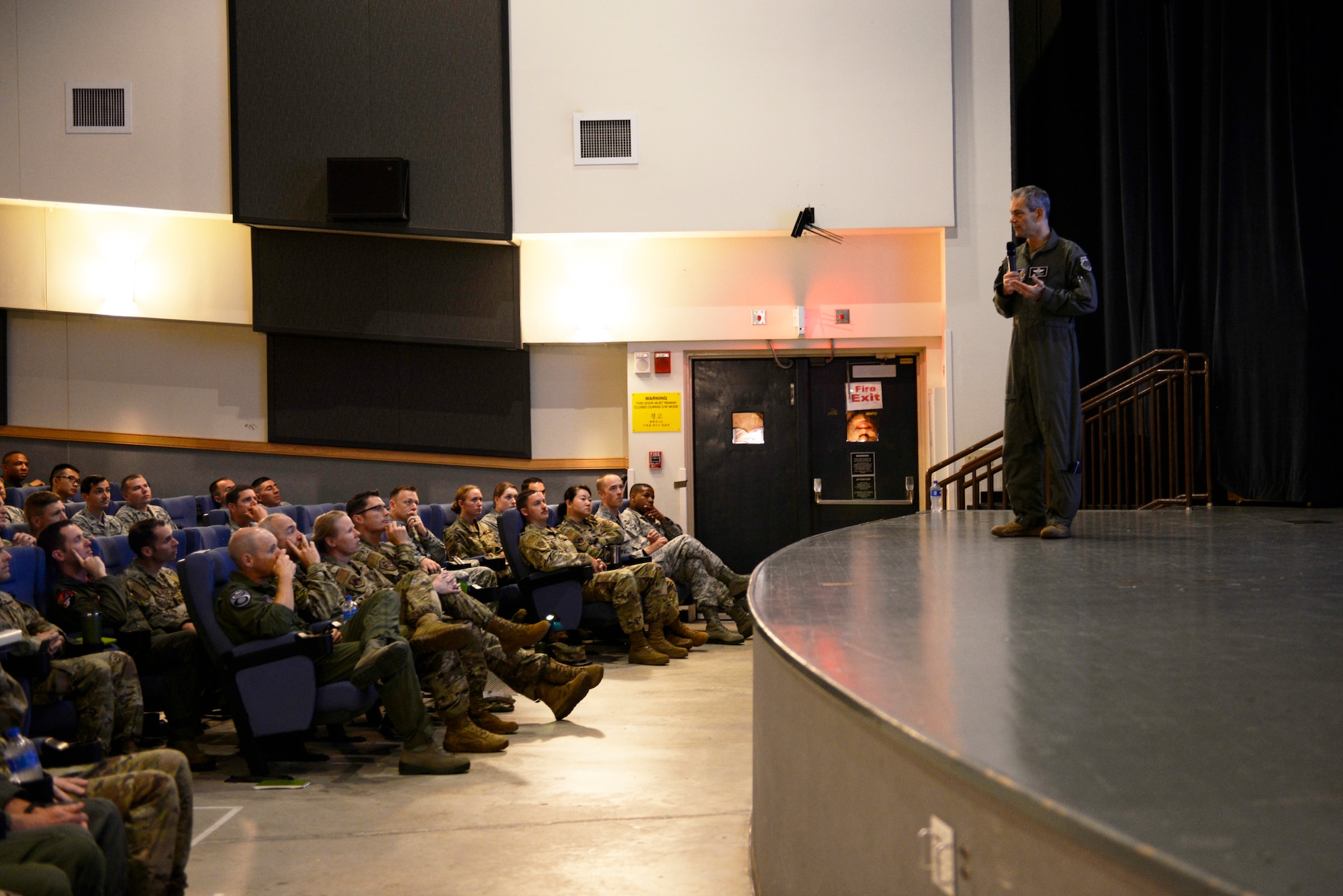 U.S. Air Force Lt. Gen. Kenneth S. Wilsbach, 7th Air Force commander, speaks to the officers of the 8th Fighter Wing during an all call at Kunsan Air Base, Republic of Korea, July 19, 2019. Wilsbach emphasized the importance of continuing to improve how the Air Force develops its officers for the future high-end fight. (U.S. Air Force photo by 1st Lt. Lauren Gao)
