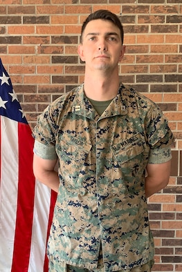 Capt. Jameson Taylor, Detachment One, Communication Company, Combat Logistics Regiment 45, 4th Marine Logistics Group inspector instructor,poses for a photo July 25, 2019, at Grissom Air Reserve Base, Ind. Taylor took command of the unit July 4.
(U.S. Air Force photo/SSgt Courtney Dotson-Essett)