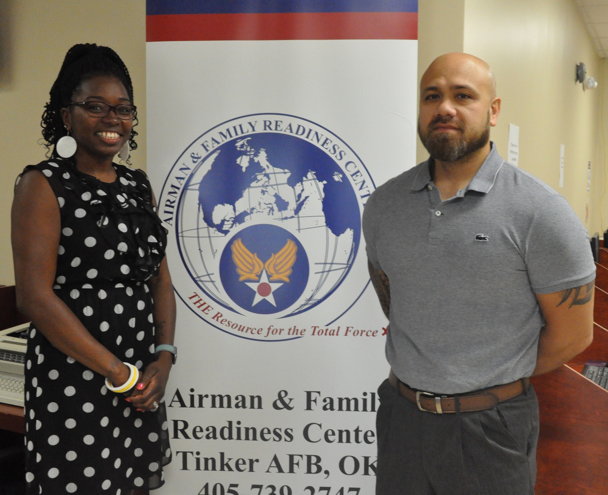 Community Readiness Specialist Nakisha Hall and Community Readiness Consultant Robert Duwel work with the Airman & Family Readiness Center to meet the needs of Tinker personnel and their families. You can reach the A&FRC at 739-2747. (U.S. Air Force photo/Megan Prather)