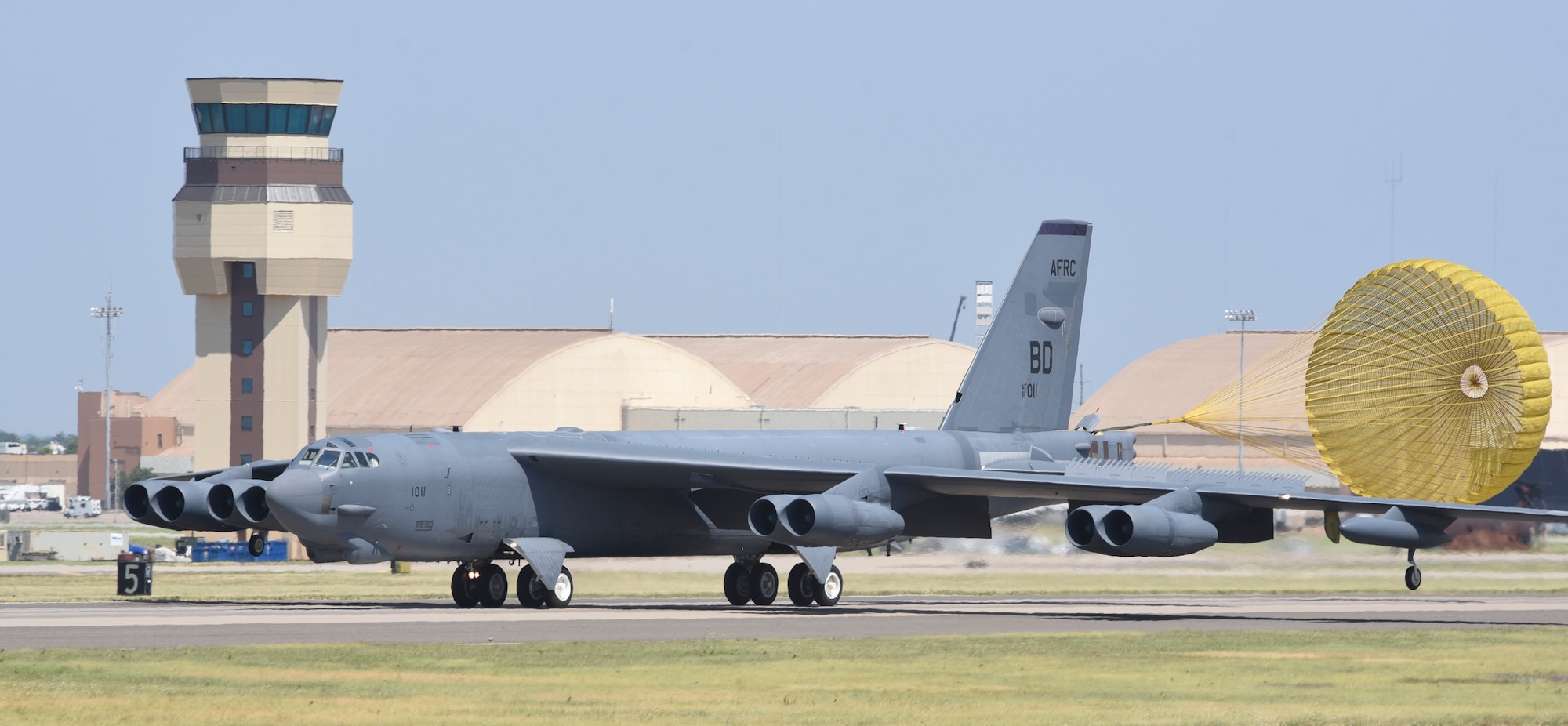 B-52H Stratofortress, serial # 61-0011, arrives at Tinker Air Force Base, Oklahoma on July 17, 2019 for induction to major overhaul by the Oklahoma City Air Logistics Complex after a ferry flight from San Antonio, Texas. 61-0011 was flown gear-down by a crew from the 10th Flight Test Squadron, Air Force Reserve Command, from Boeing's facility after receiving 'milk-bottle' replacements to extend the service life of the aircraft by replacing the wing-attachment points. (U.S. Air Force photo/Greg L. Davis)