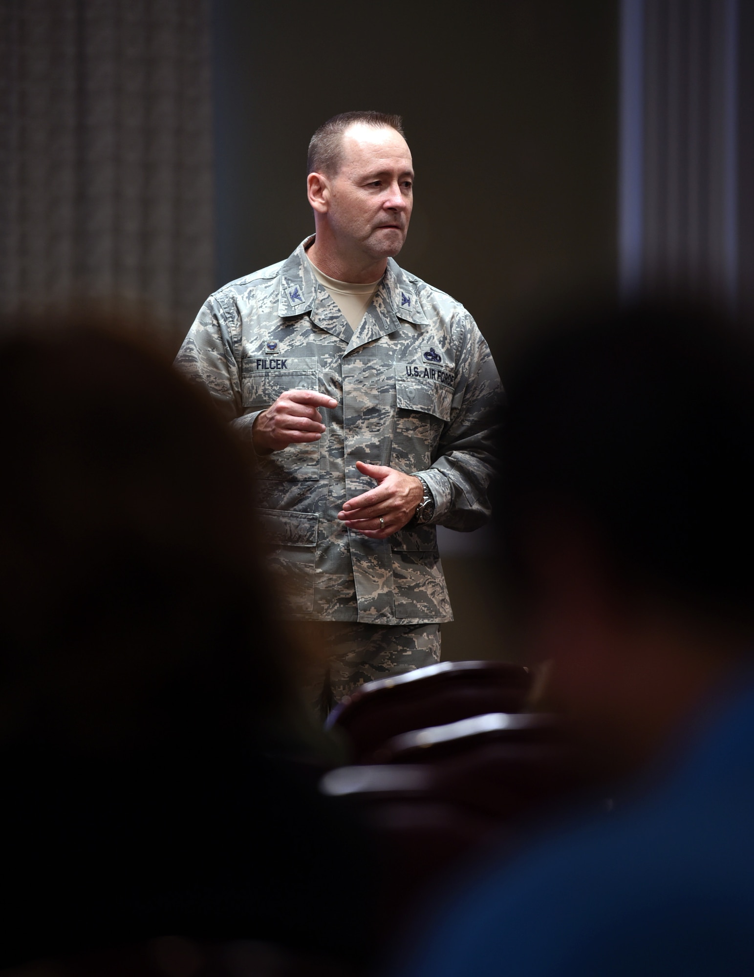 Base residents gathered at the Tinker Event Center on July 23 to hear from 72nd Air Base Wing Commander Col. Paul Filcek and Balfour Beatty Communities management about the improvements being made to base housing
issues. (U.S. Air Force photo/Kelly White)
