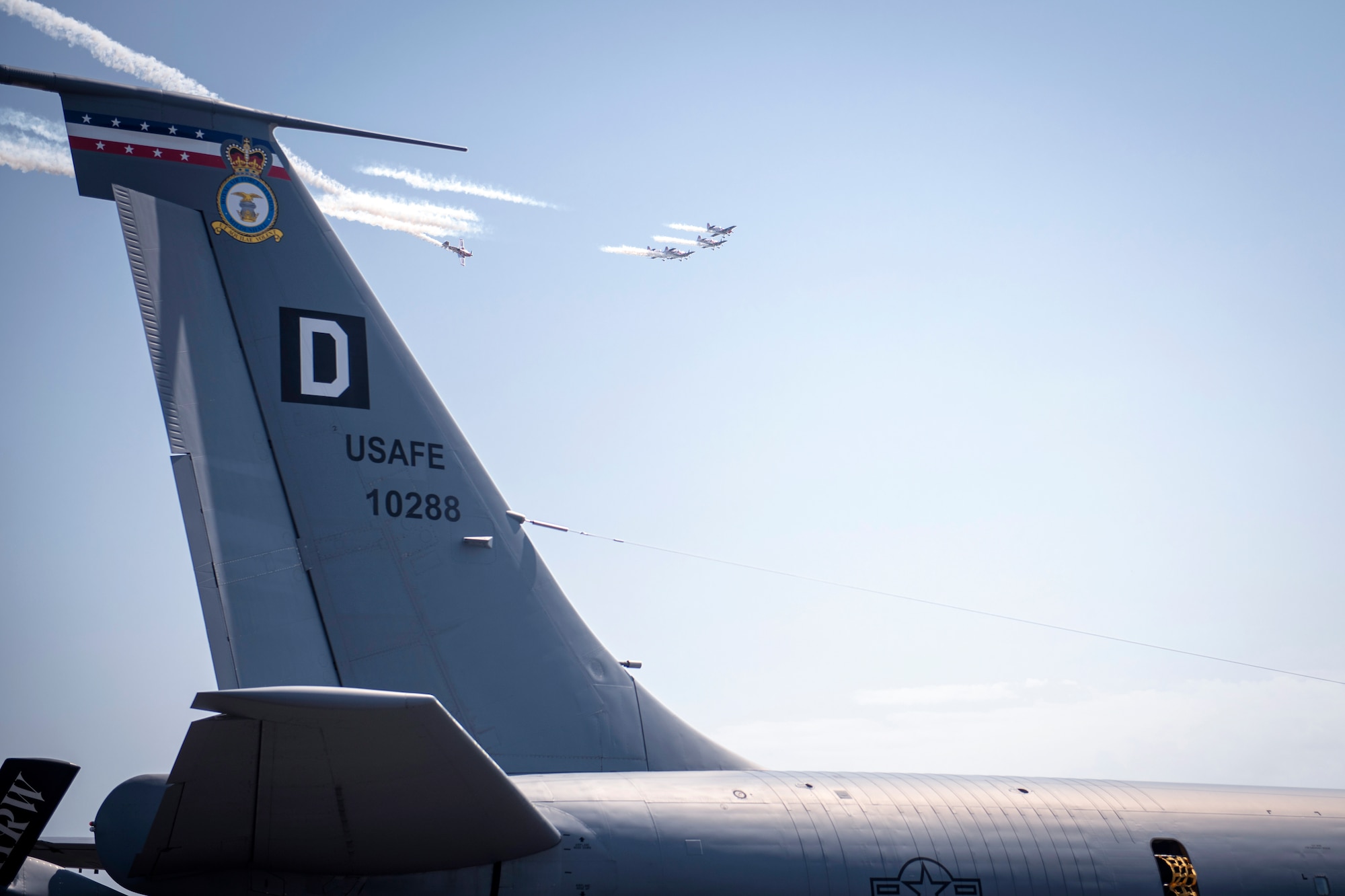 The Global Stars air acrobatic team perform during the Families and Friends Day at RAF Marham, England, July 25, 2019. Static displays for the event included a KC-135 Stratotanker from the 100th Air Refueling Wing, a CV-22 Osprey from the 352d Special Operations Wing and two F-15E Strike Eagles from the 48th Fighter Wing. (U.S. Air Force photo by Tech. Sgt. Emerson Nuñez)