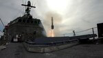 A Longbow Hellfire Missile launched from an Independence-variant littoral combat ship flies toward the test target during the Surface Warfare Mission Package, Surface to Surface Missile Module Structural Test Fire on June 11 at the Point Mugu Sea Range, California.