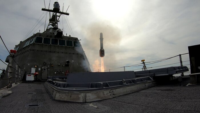 A Longbow Hellfire Missile launched from an Independence-variant littoral combat ship flies toward the test target during the Surface Warfare Mission Package, Surface to Surface Missile Module Structural Test Fire on June 11 at the Point Mugu Sea Range, California.