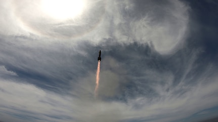 A Longbow Hellfire Missile launched from an Independence-variant littoral combat ship flies toward the test target during the Surface Warfare Mission Package, Surface to Surface Missile Module Structural Test Fire on June 11 at the Point Mugu Sea Range, California.