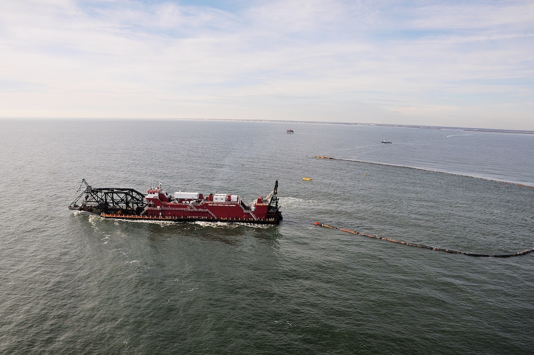 The hydraulic cutterhead dredge Texas, owned and operated by Great Lakes Dredge & Dock Company, dredges off of Cape May as part of a periodic nourishment of the Cape May to Lower Township project in January of 2012.