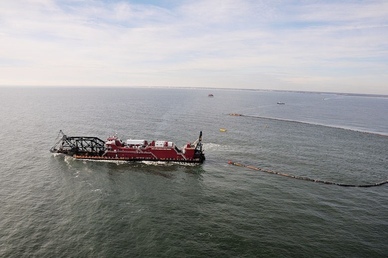 The hydraulic cutterhead dredge Texas, owned and operated by Great Lakes Dredge & Dock Company, dredges off of Cape May as part of a periodic nourishment of the Cape May to Lower Township project in January of 2012.