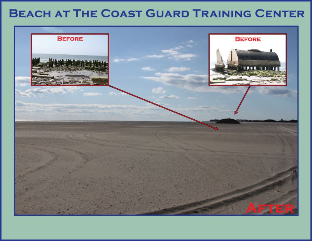 Before and After U.S. Coast Guard Property 2011 and 2012 - USACE completed a periodic nourishment of the Cape May to Lower Township project in 2011-2012. The graphic shows the severely eroded condition prior to nourishment along a section of beach on U.S. Coast Guard Training Center property.