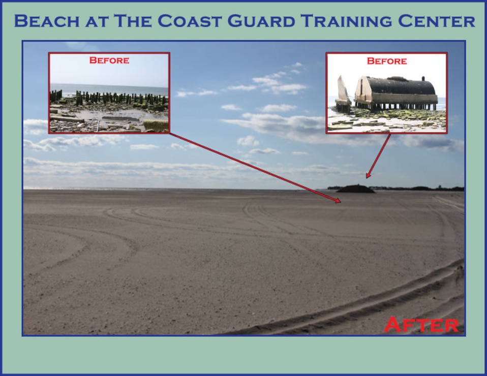 Before and After U.S. Coast Guard Property 2011 and 2012 - USACE completed a periodic nourishment of the Cape May to Lower Township project in 2011-2012. The graphic shows the severely eroded condition prior to nourishment along a section of beach on U.S. Coast Guard Training Center property.