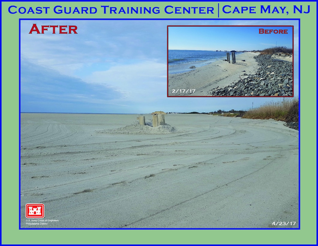 In 2017, USACE completed periodic nourishment of the Cape May to Lower Township project. Before and after photos of an area on U.S. Coast Guard property shows significant erosion prior to sand placement.