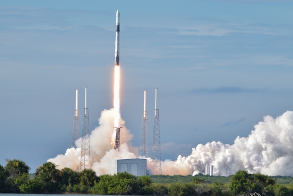 A SpaceX Falcon 9 CRS-18 rocket launched at Cape Canaveral Air Force Station, Florida, July 25, 2019. The CRS-18 is the latest mission in the Commercial Resupply Services program which transports thousands of pounds of cargo and supplies to resupply the International Space Station. (U.S. Air Force photo by Airman 1st Class Dalton Williams)