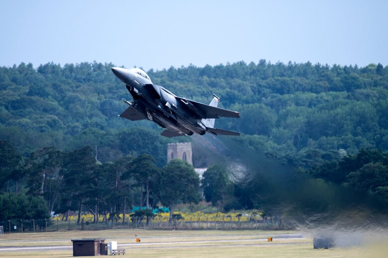 A F-15E Strike Eagle assigned to the 494th Fighter Squadron takes off for a familiarization flight for a U.S. Air Force Academy cadet at Royal Air Force Lakenheath, England, July 26. The cadets are participating in “Operation Air Force,” a two-week program in which they are able to see and experience the Air Force mission being accomplished first-hand. (U.S. Air Force photo by Senior Airman Malcolm Mayfield)