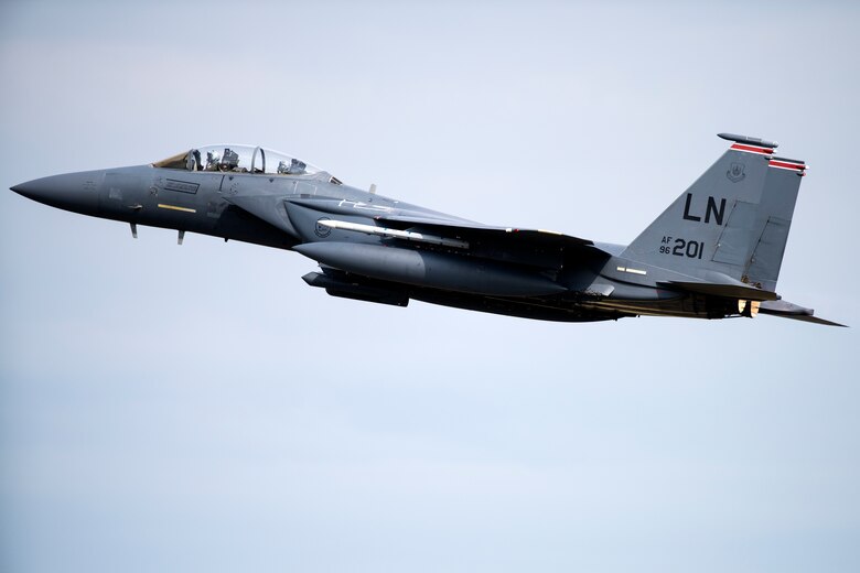 A F-15E Strike Eagle assigned to the 494th Fighter Squadron takes off for a familiarization flight for a U.S. Air Force Academy cadet at Royal Air Force Lakenheath, England, July 26. The cadets are participating in “Operation Air Force,” a two-week program in which they are able to see and experience the Air Force mission being accomplished first-hand. (U.S. Air Force photo by Senior Airman Malcolm Mayfield)