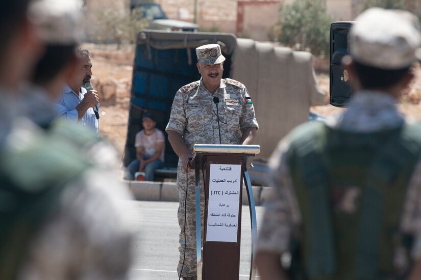 Jordan Armed Forces Brig. Gen. Khalid Al-Masaeid, Northern region commander, speaks to New Jersey National Guard Soldiers, with 1st Squadron, 102nd Calvary Regiment, and Jordan Border Guard Force Soldiers, with the 7th Mechanized Battalion, 48th Mechanized Brigade, during the Jordan Operational Engagement Program (JOEP) opening ceremony July 14, 2019. JOEP is a 14-week individual and collective training, as well as a military partnership between Jordan and America.