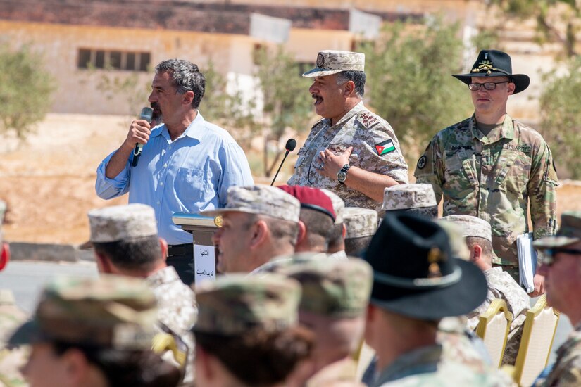 Jordan Armed Forces Brig. Gen. Khalid Al-Masaeid (center), Northern region commander, speaks to New Jersey National Guard Soldiers, with 1st Squadron, 102nd Calvary Regiment, and Jordan Border Guard Force Soldiers, with the 7th Mechanized Battalion, 48th Mechanized Brigade, during the Jordan Operational Engagement Program (JOEP) opening ceremony July 14, 2019. JOEP is a 14-week individual and collective training, as well as a military partnership between Jordan and America.