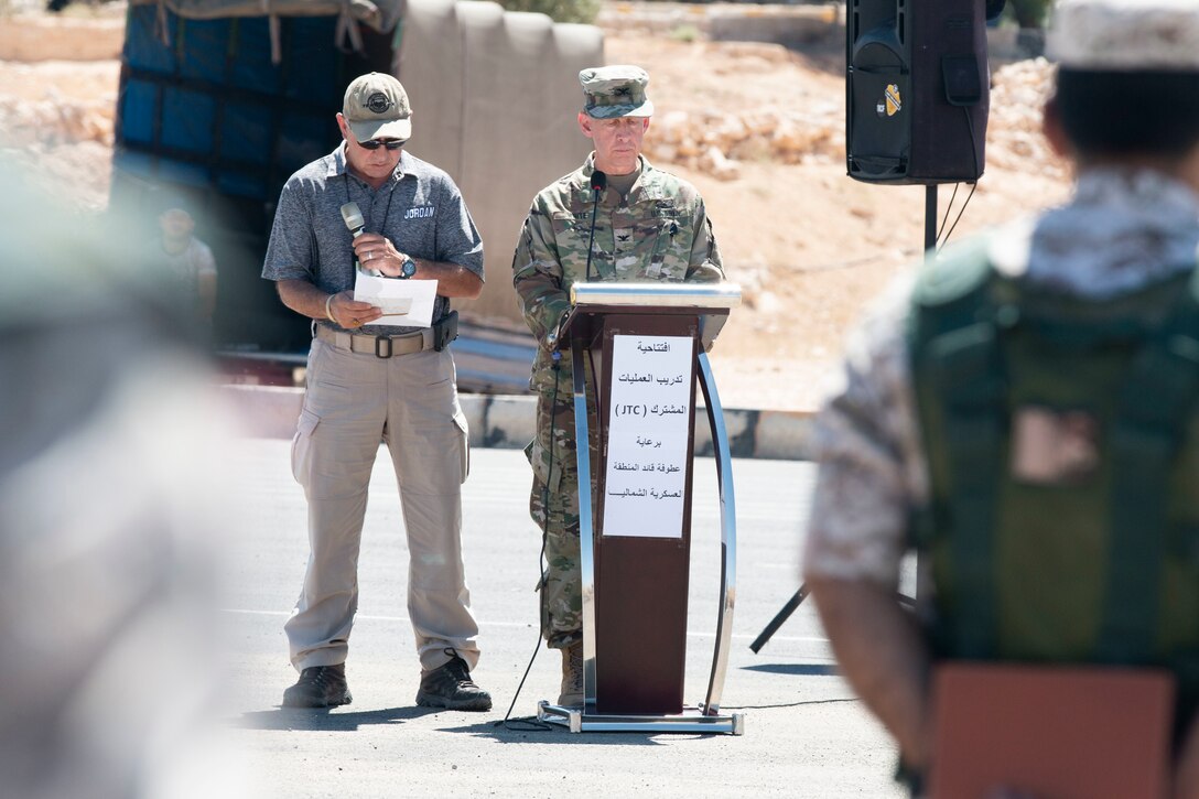 U.S. Army Col. Kirk White, senior Army leader of Jordan, speaks to New Jersey National Guard Soldiers, with 1st Squadron, 102nd Calvary Regiment, and Jordan Border Guard Force Soldiers, with the 7th Mechanized Battalion, 48th Mechanized Brigade, on behalf of Task Force Spartan-Jordan at the Jordan Operational Engagement Program (JOEP) opening ceremony July 14, 2019. JOEP is a 14-week individual and collective training, as well as a military partnership between Jordan and America.
