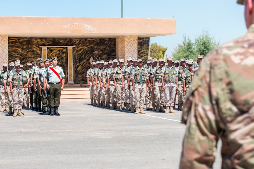 New Jersey National Guard Soldiers, with 1st Squadron, 102nd Calvary Regiment, and Jordan Border Guard Force Soldiers, with the 7th Mechanized Battalion, 48th Mechanized Brigade, participate in the Jordan Operational Engagement Program (JOEP) opening ceremony July 14, 2019. JOEP is a 14-week individual and collective training, as well as a military partnership between Jordan and America.