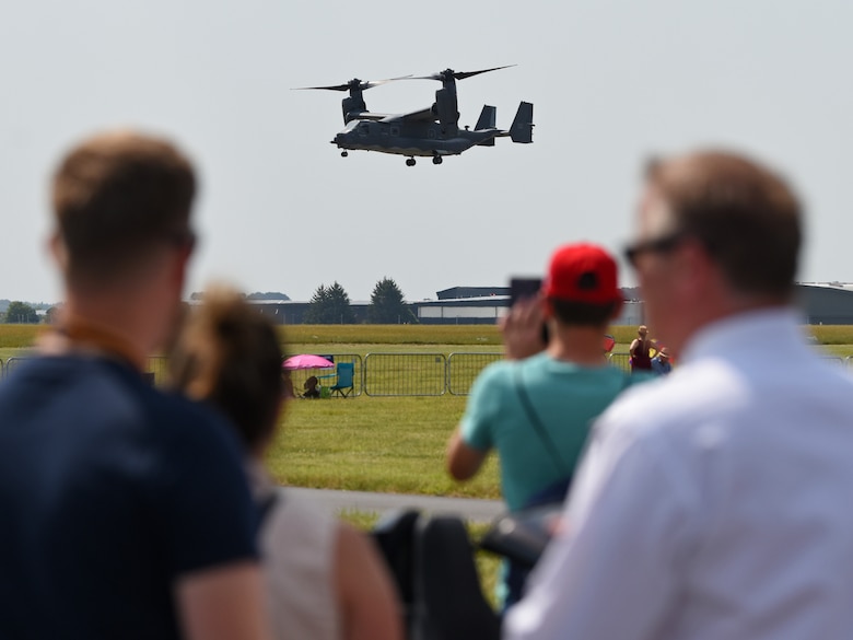 A CV-22 Osprey assigned to the 352nd Special Operations Wing lands at RAF Marham for the Friends and Families Day July 25, 2019. The event is about recognizing the dedication of those working at RAF Marham and the support of their family and friends. (U.S. Air Force photo by Airman 1st Class Madeline Herzog)