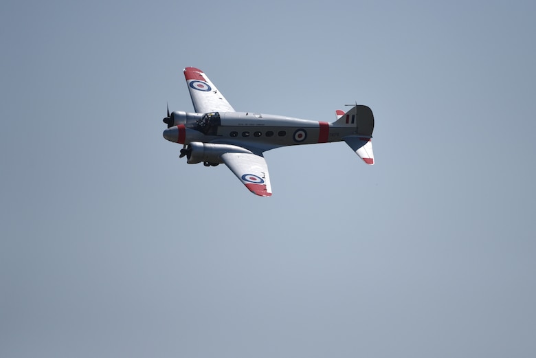 An Anson aircraft performs aerial maneuvers at Royal Air Force Marham’s annual Friends and Families Day July 25, 2019.  RAF Marham extended its tickets to 100 Liberty Wing Airmen to attend the show and enjoy its festivities building on the strong relationship between the RAF and the U.S. Air Force. (U.S. Air Force photo by Airman 1st Class Madeline Herzog)
