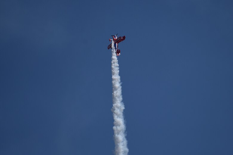 Rich Goodwin performs aerial maneuvers in his Pitts S2S at Royal Air Force Marham’s annual Friends and Families Day July 25, 2019.  The event also had other attractions such as flying displays consisting of the Typhoon FGR4, Rhin DR 107, Rolls Royce Spitfire and Strikemaster; a formula class car demonstration; and U.K.’s premiere military parachute show, The Falcons. (U.S. Air Force photo by Airman 1st Class Madeline Herzog)