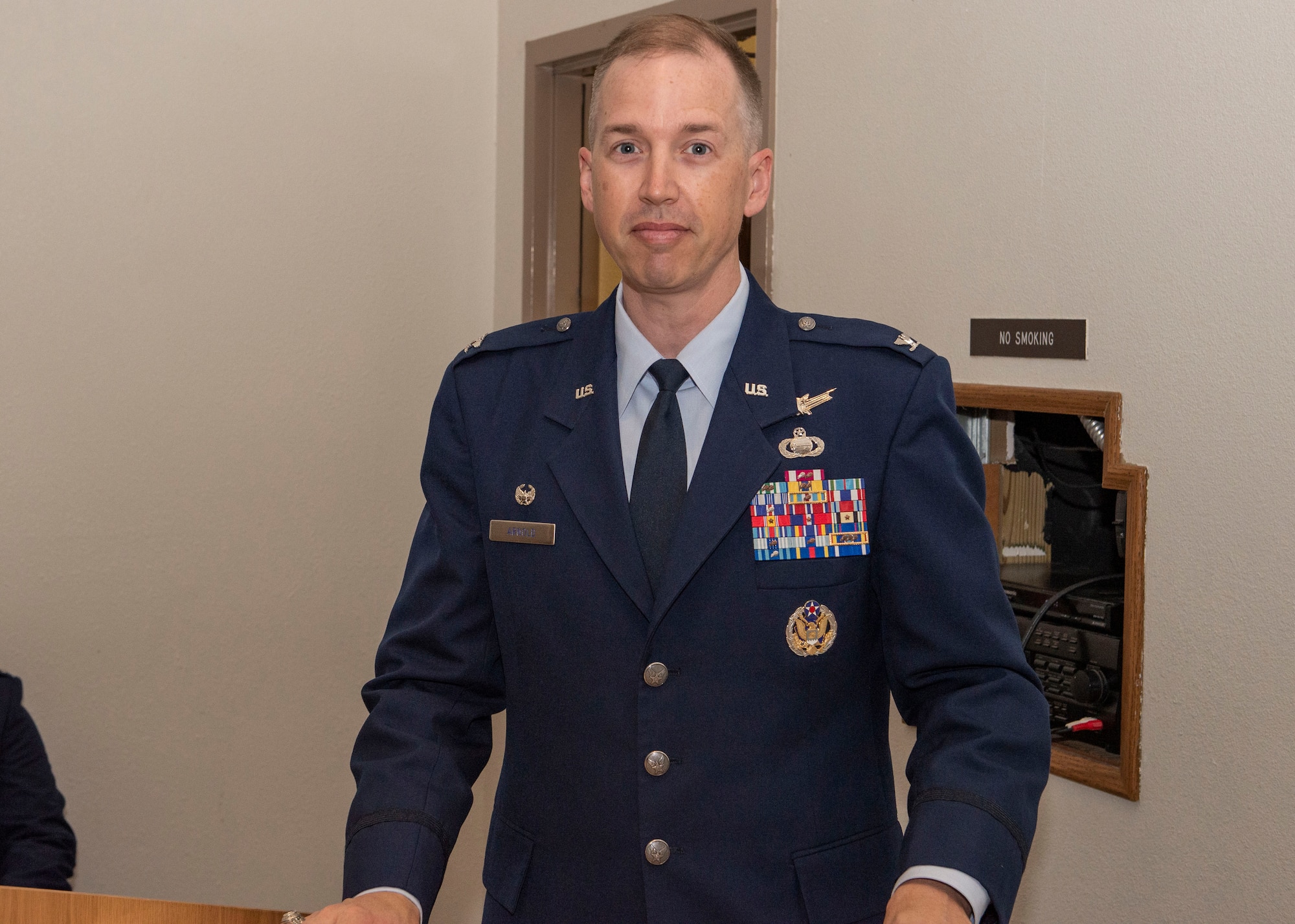U.S. Air Force Col. Jason Arnold, commander 365th Intelligence, Surveillance and Reconnaissance Group, prepares to address Airmen during the 365th Intelligence, Surveillance and Reconnaissance Group Change of Command.
