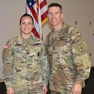 Staff Sgt. Ashley Munger won the 2018 AUSA AGR Recruiter of the Year for the U.S. Army Indianapolis Recruiting Battalion, posed with Sergeant Major of the Army Daniel Dailey at the Association of the United States Army annual meeting in Washington, D.C.