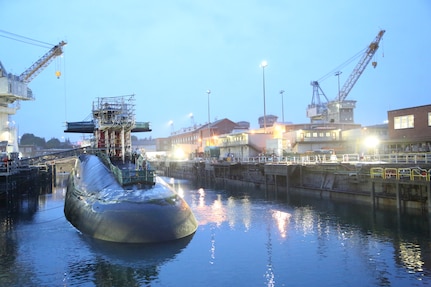 USS Michigan (SSGN 727) docks at Puget Sound Naval Shipyard & Intermediate Maintenance Facility July 10 to begin a 17-month Extended Refit Period.