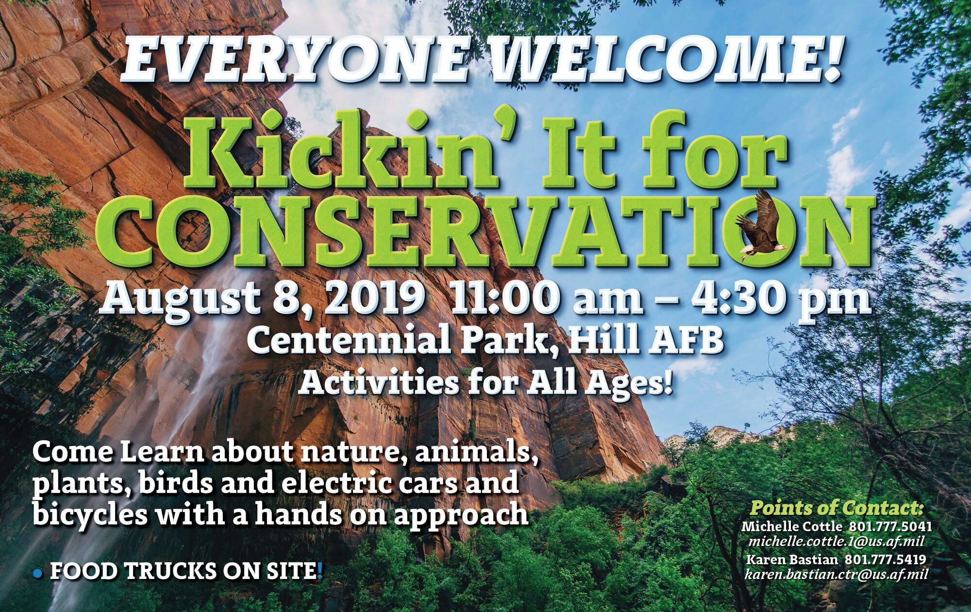 The fourth annual Kickin’ It for Conservation, an energy and environmental fair, will be held from 11 a.m.-4:30 p.m. Aug. 8, 2019, at Hill Air Force Base, Utah. The event will be held at Centennial Park. There will be displays, booths, hands-on activities, and food for all ages. The event will be free and open to those with access to the base. (U.S. Air Force graphic by Kent Bingham)