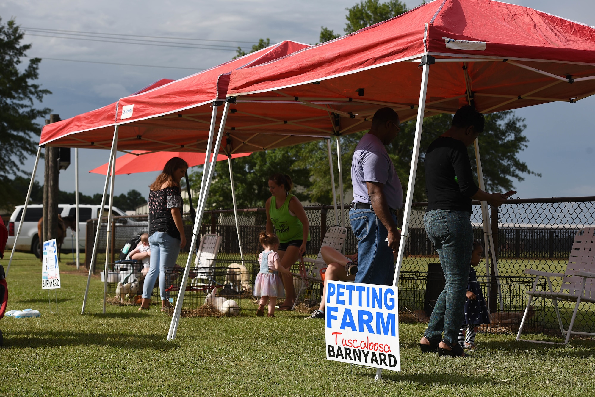 Attendees check out animals in the petting farm during BLAZE Fest July 3, 2019 on Columbus Air Force Base, Miss. The petting farm, called Tuscaloosa Barnyard, had a variety of animals to check out, including chicken, goats, bunnies and more. (U.S. Air Force photo by Senior Airman Keith Holcomb)