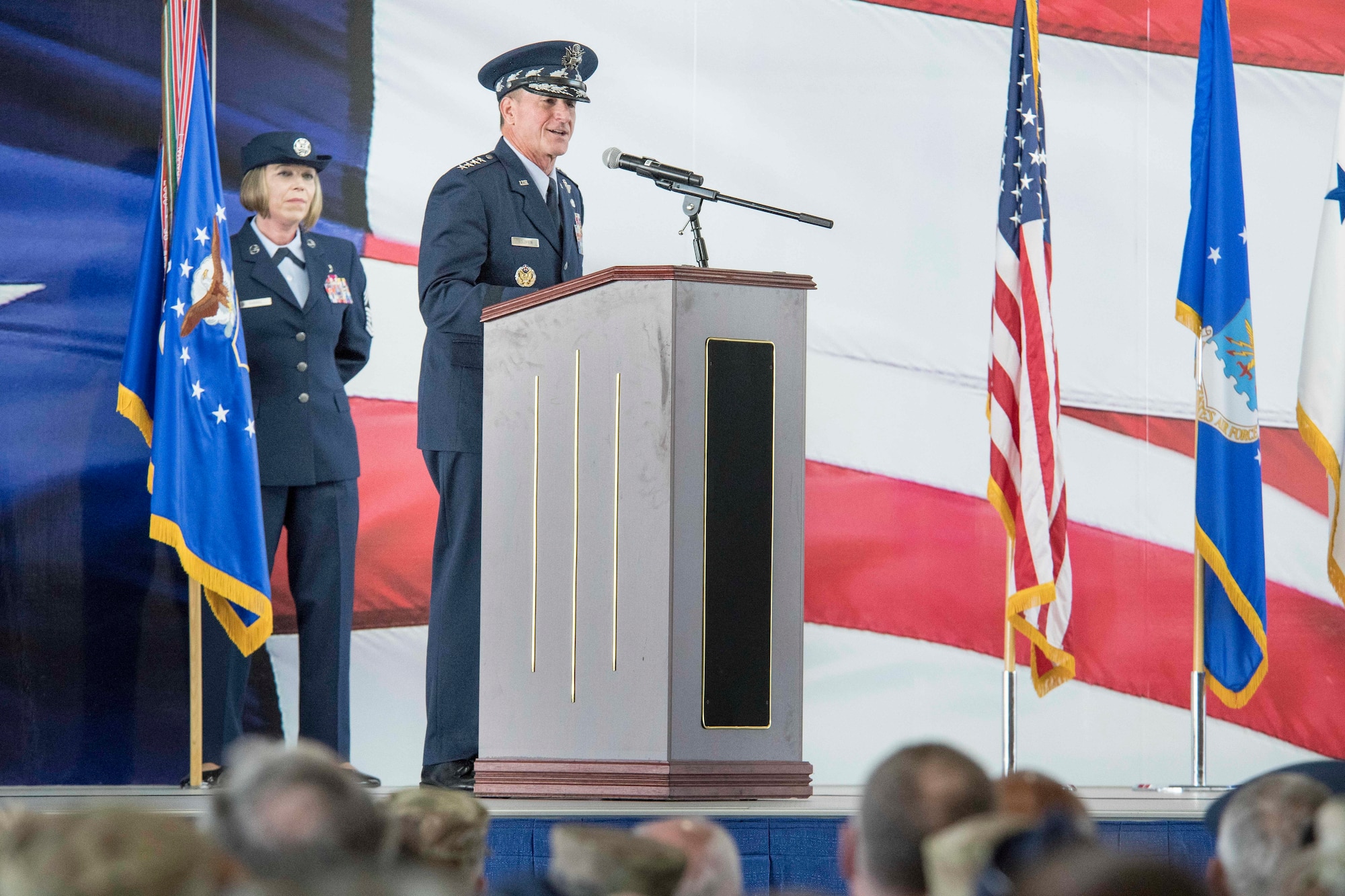 U.S. Air Force Chief of Staff Gen. David L. Goldfein, speaks during Air Education and Training Command’s change of command ceremony at Joint Base San Antonio-Randolph, Texas, July 26, 2019. Goldfein presided over the ceremony, at which time U.S. Air Force Lt. Gen. Steve Kwast relinquished command to U.S. Air Force Lt. Gen. Brad Webb. (U.S. Air Force photo by Sean M. Worrell)