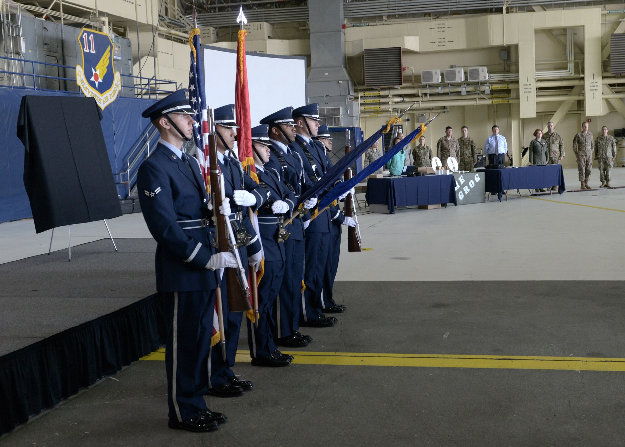 The Joint Base Elmendorf-Richardson honor guard presents the colors during the opening ceremony for the 3rd Wing’s 100th anniversary celebration on Joint Base Elmendorf-Richardson, Alaska, July 25, 2019.