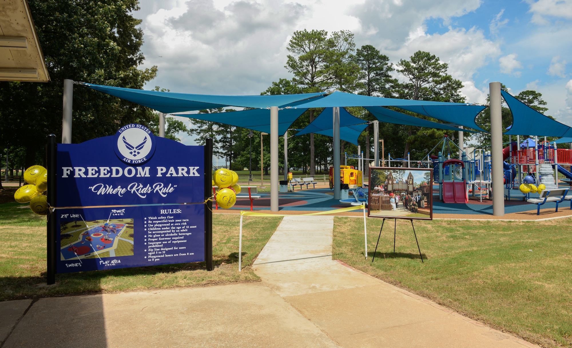 Freedom Park opened to the Columbus community July 19, 2019, on Columbus Air Force Base, Miss. The old Freedom Park was a wooden structure built in 1996 and over the years the playground started to deteriorate in several areas causing hazards for children. (U.S. Air Force photo by Airman Davis Donaldson)