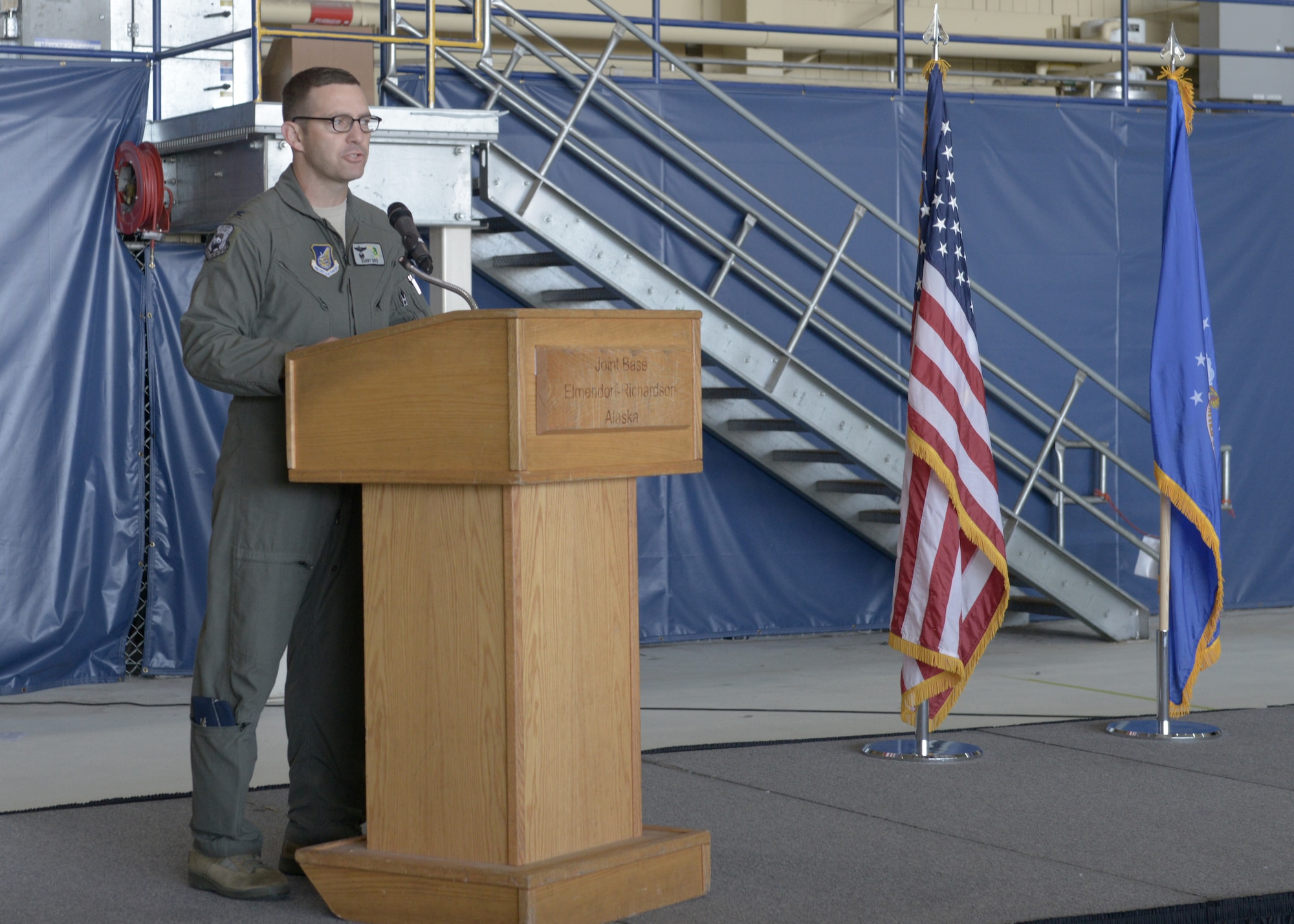 U.S. Air Force Col. Robert Davis, 3rd Wing commander, speaks during the 3rd Wing’s 100th anniversary celebration on Joint Base Elmendorf-Richardson, Alaska, July 25, 2019.