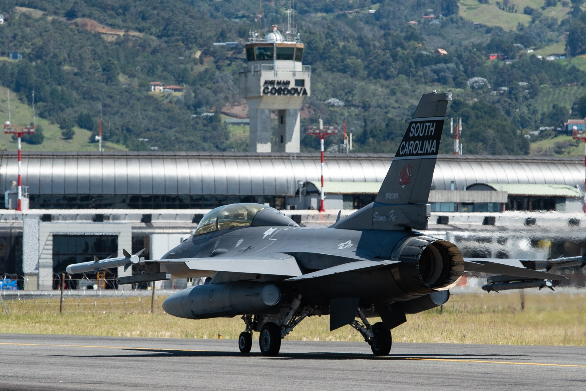 An F-16 Fighting Falcon from the 169th Fighter Wing, South Carolina Air National Guard, taxis toward the runway at the José María Córdova International Airport, Rionegro, Colombia, July 16, 2019.
