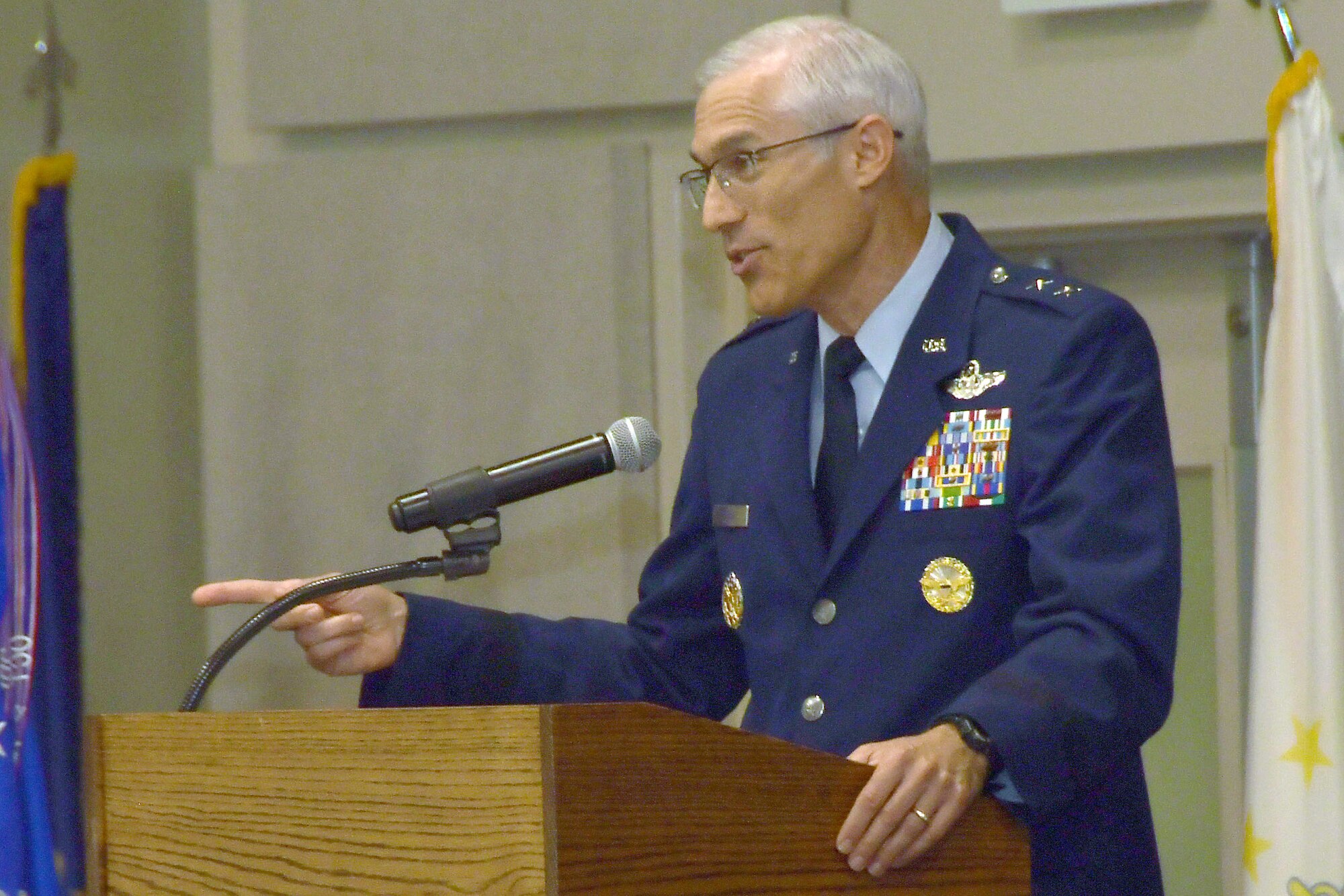 Maj. Gen. Craig L. La Fave, outgoing commander of the 22nd Air Force, gives remarks, July 26, 2019, at Dobbins Air Reserve Base, Ga.