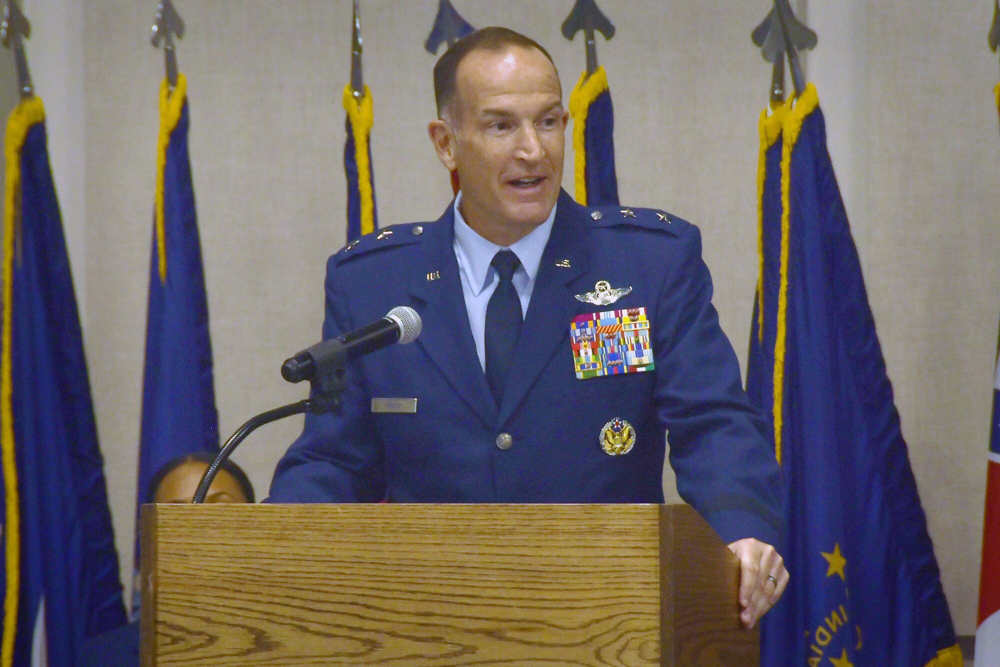 Maj. Gen. John P. Healy, commander of the 22nd Air Force, gives remarks, July 26, 2019, at Dobbins Air Reserve Base, Ga.
