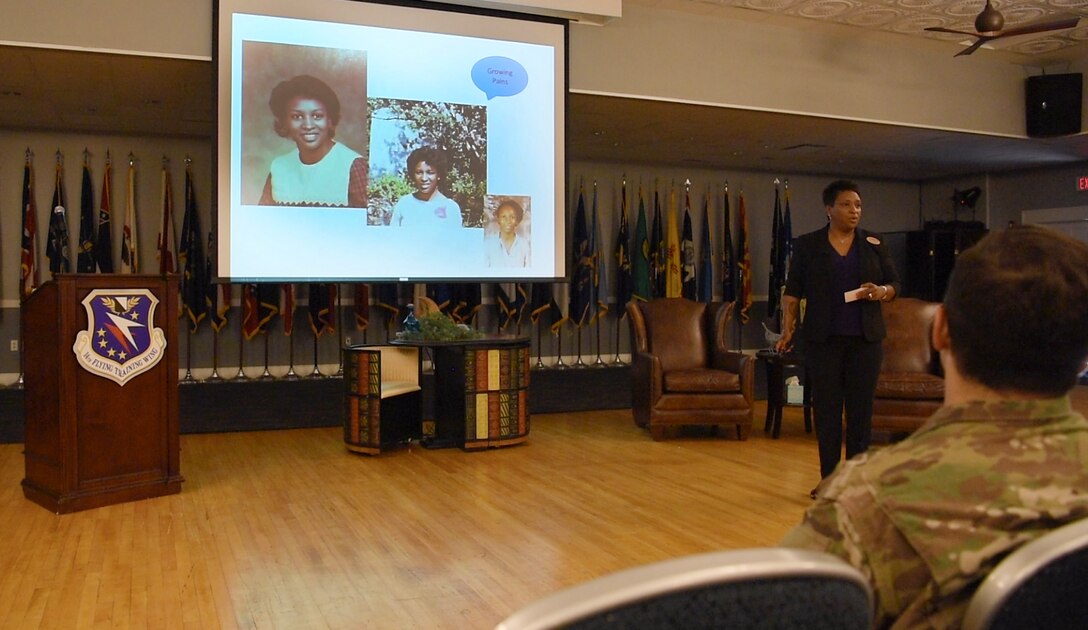 Debby Kantorowicz shares her story at a Storytellers event July 18, 2019, on Columbus Air Force Base, Mississippi. (U.S. Air Force photo by Senior Airman Keith Holcomb)