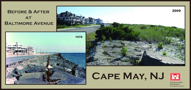 Before & After at Baltimore Avenue - USACE completed initial construction of an elevated 25 to 180-foot wide berm at Cape May in 1991. Cape May City beaches were in a severely eroded state prior to the initial construction and subsequent periodic nourishments.
