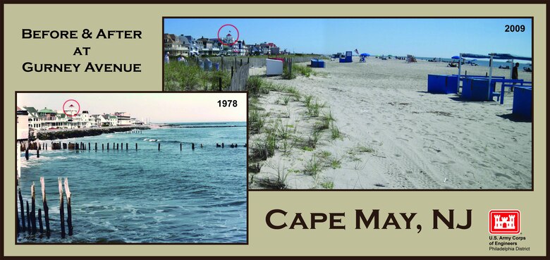 Gurney Avenue Before and After - initial construction of an elevated 25 to 180-foot wide berm was completed in 1991 as part of the Cape May to Lower Township project. Cape May City beaches were often in a severely eroded state prior to the initial construction and periodic nourishments in subsequent years.