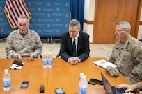 Marine Corps Gen. Joe Dunford, chairman of the Joint Chiefs of Staff, U.S. Ambassador to Iraq Matthew H. Tueller, and Army Lt. Gen. Paul LaCamera, commander, Operation Inherent Resolve, hold a media availability during a visit to Baghdad, Iraq, July 26, 2019.