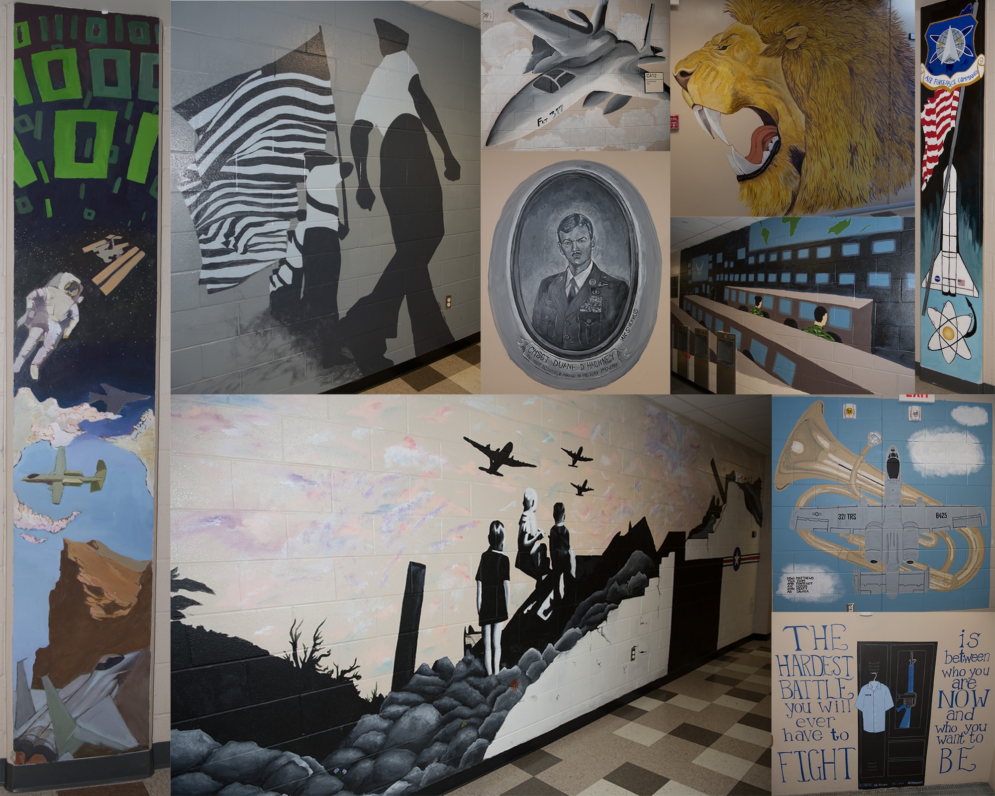 A collection of photos was taken July 17, 2019, of murals of painted at the 321 st Training Squadron as part of a two-year project at Joint Base San Antonio-Lackland, Texas.