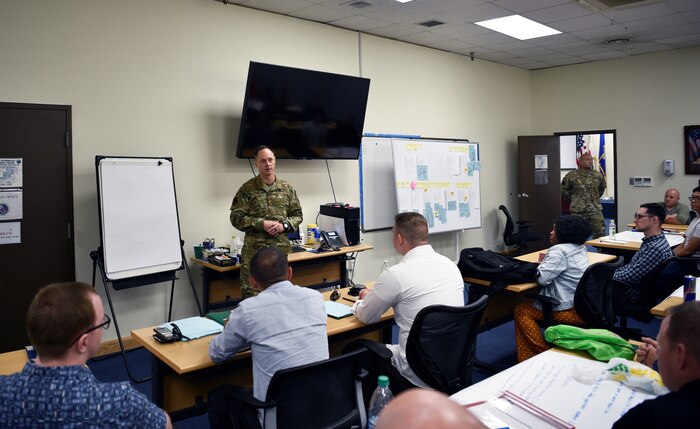 U.S. Air Force Col. Tad Clark, 8th Fighter Wing commander, and Chief Master Sgt. Steve Cenov, 8th FW command chief, speak with a professional development class at Kunsan Air Base, Republic of Korea, July 12, 2019. Both Clark and Cenov have taken a strong interest in developing Airmen into leaders. (U.S. Air Force photo by Tech. Sgt. Joshua Arends)